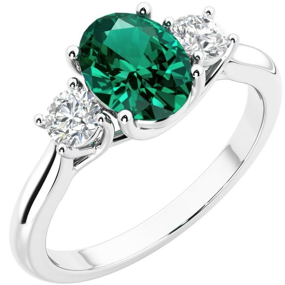 PEORA 14K White Gold Oval Created Emerald and Lab Grown Diamond 3 Stone Trellis Ring, 1.30 Carats total, Size 6.5
