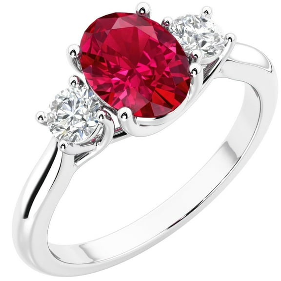 PEORA 14K White Gold Oval Created Ruby and Lab Grown Diamond 3 Stone Trellis Ring, 2.10 Carats total, Size 10