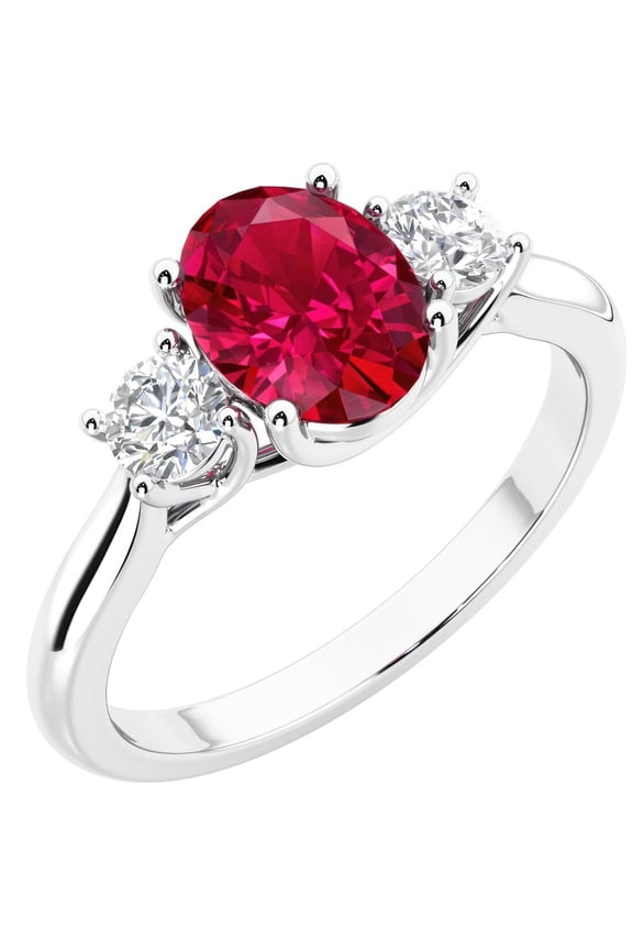 14K White Gold Oval Created Ruby and Lab Grown Diamond 3 Stone Trellis Ring, 2.10 Carats total, Size 4