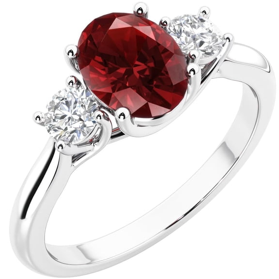PEORA 14K White Gold Oval Garnet and Lab Grown Diamond 3 Stone Trellis Ring, 1.80 Carats total, Size 10