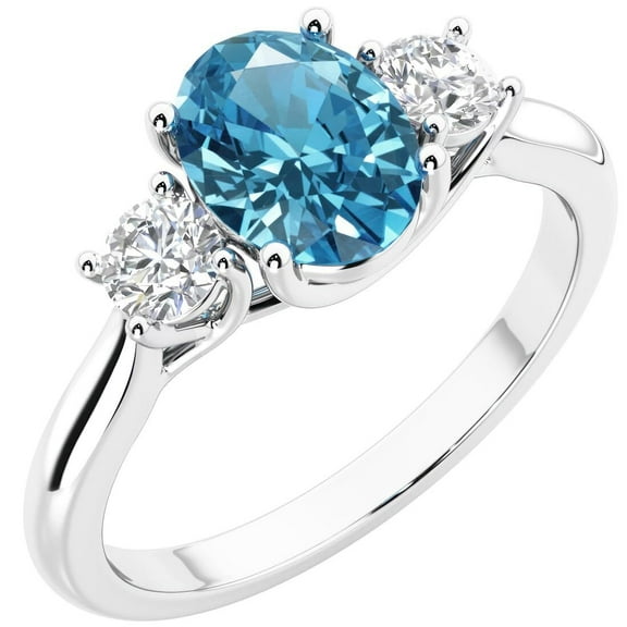 PEORA 14K White Gold Oval London Blue Topaz and Lab Grown Diamond 3 Stone Trellis Ring, 1.60 Carats total, Size 9