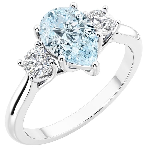 PEORA 14K White Gold Pear Shape Aquamarine and Lab Grown Diamond 3 Stone Trellis Ring, 1.30 Carats total, Size 9