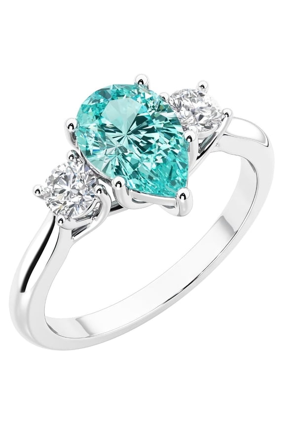 14K White Gold Pear Shape Created Paraiba Tourmaline and Lab Grown Diamond 3 Stone Trellis Ring, 1.80 Carats total, Size 10