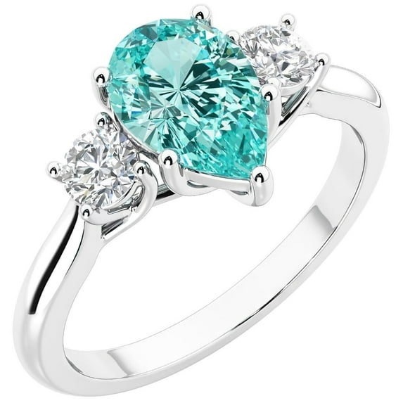 PEORA 14K White Gold Pear Shape Created Paraiba Tourmaline and Lab Grown Diamond 3 Stone Trellis Ring, 1.80 Carats total, Size 8