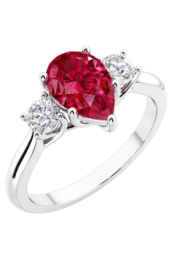 14K White Gold Pear Shape Created Ruby and Lab Grown Diamond 3 Stone Trellis Ring, 2 Carats total, Size 5