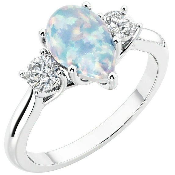 PEORA 14K White Gold Pear Shape Created White Opal and Lab Grown Diamond 3 Stone Trellis Ring, 1.50 Carats total, Size 9