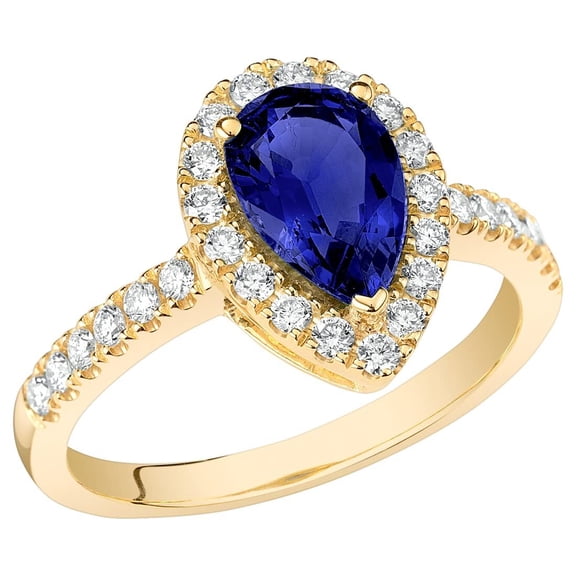 PEORA 14K Yellow Gold Created Blue Sapphire and Lab Grown Diamond Ring for Women, 2.45 Carats Total, 9x6mm Pear Shape, Size 8