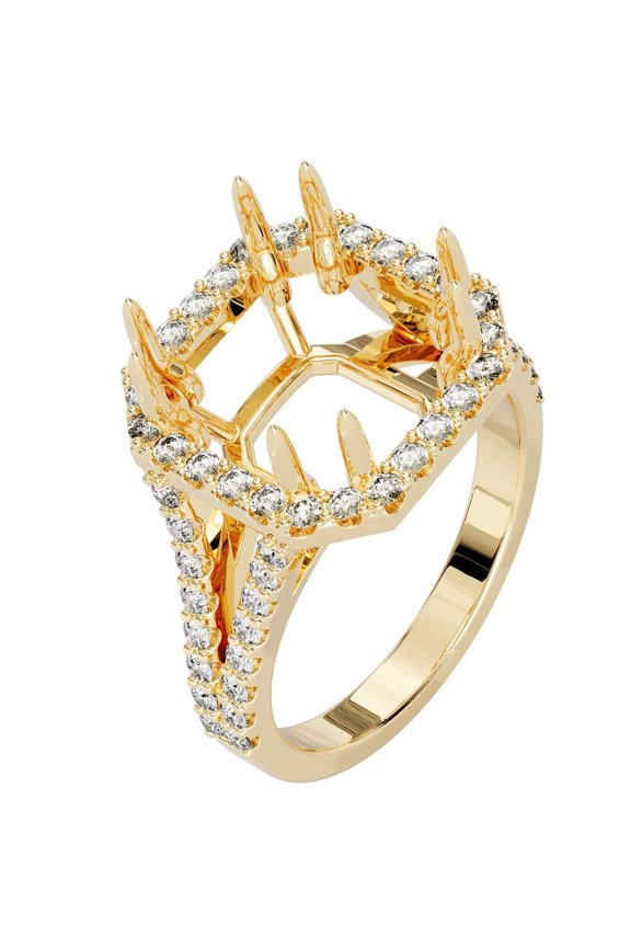 14K Yellow Gold G-H/VS Lab Grown Diamond Semi Mount Ring Setting, Fits 10mm Princess, Asscher or Square Cushion Stone, 0.65 Carat total, Size 9