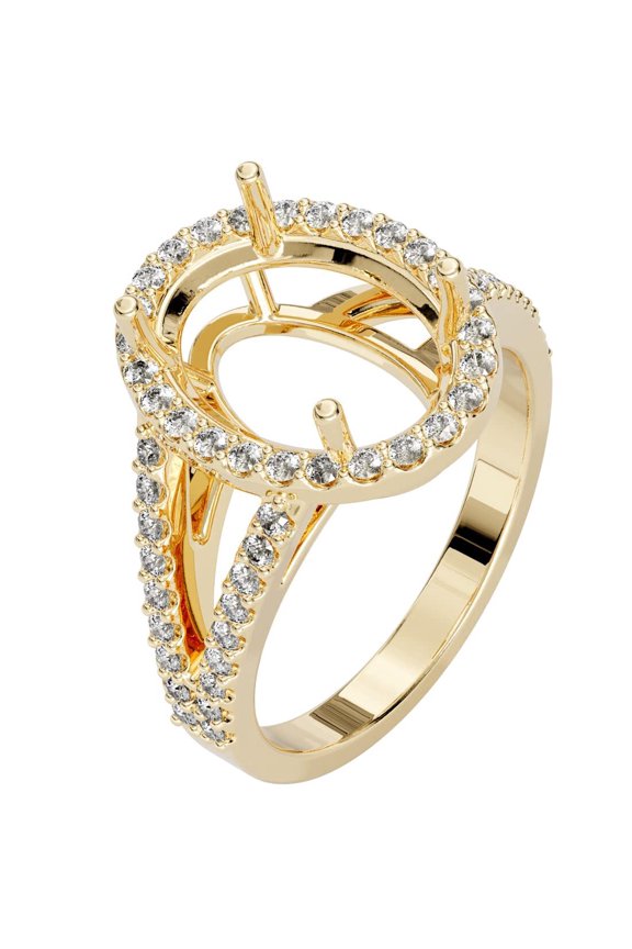 14K Yellow Gold G-H/VS Lab Grown Diamond Semi Mount Ring Setting, Fits 12x10mm Oval Stone, 0.65 Carat total, Size 5