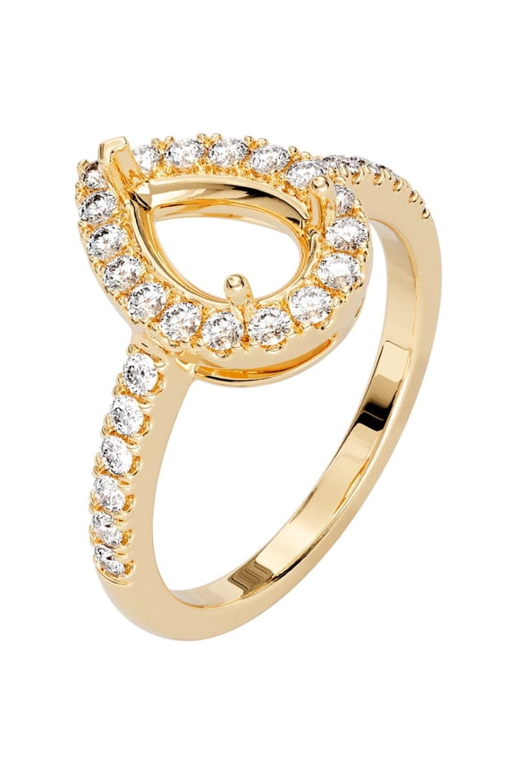 14K Yellow Gold G-H/VS Lab Grown Diamond Semi Mount Ring Setting, Fits 9x6mm Pear Shape Stone, 0.45 Carat total, Size 4
