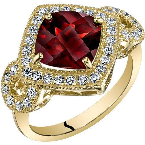 PEORA 14K Yellow Gold Garnet Ring for Women, Genuine Gemstone, 2.50 Carats Cushion Cut Size 5