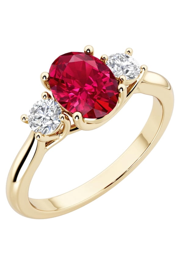14K Yellow Gold Oval Created Ruby and Lab Grown Diamond 3 Stone Trellis Ring, 2.10 Carats total, Size 4