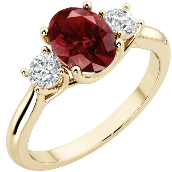 PEORA 14K Yellow Gold Oval Garnet and Lab Grown Diamond 3 Stone Trellis Ring, 1.80 Carats total, Size 6.5