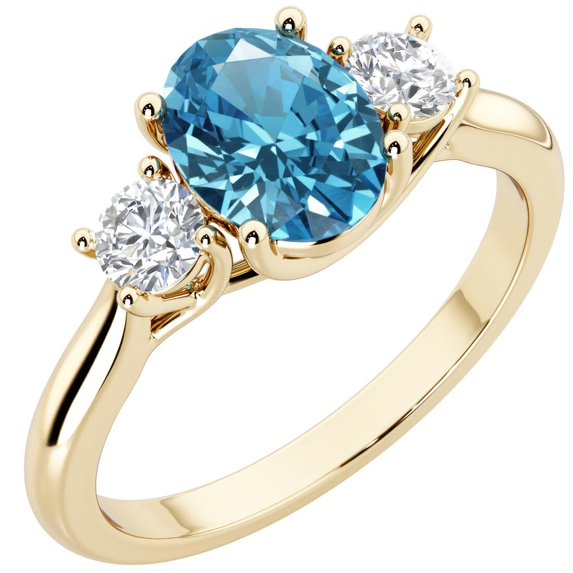 PEORA 14K Yellow Gold Oval London Blue Topaz and Lab Grown Diamond 3 Stone Trellis Ring, 1.60 Carats total, Size 5.5