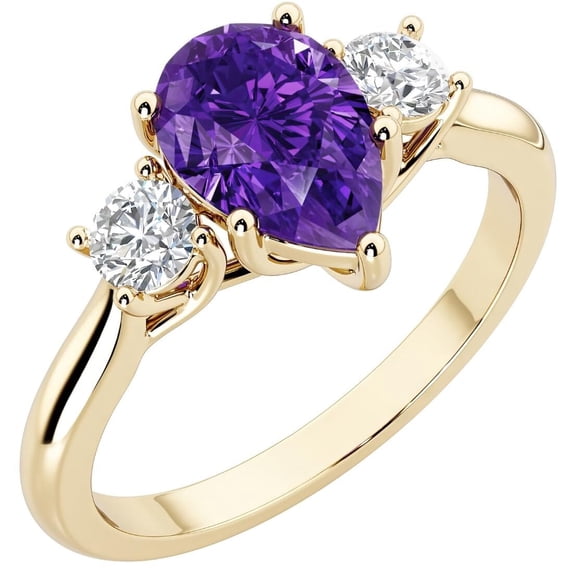 PEORA 14K Yellow Gold Pear Shape Amethyst and Lab Grown Diamond 3 Stone Trellis Ring, 1.30 Carats total, Size 9.5