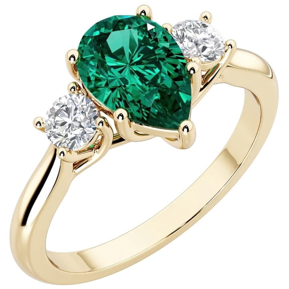 PEORA 14K Yellow Gold Pear Shape Created Emerald and Lab Grown Diamond 3 Stone Trellis Ring, 1.55 Carats total, Size 5.5