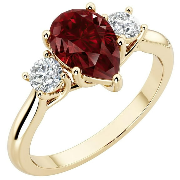 PEORA 14K Yellow Gold Pear Shape Garnet and Lab Grown Diamond 3 Stone Trellis Ring, 1.80 Carats total, Size 4