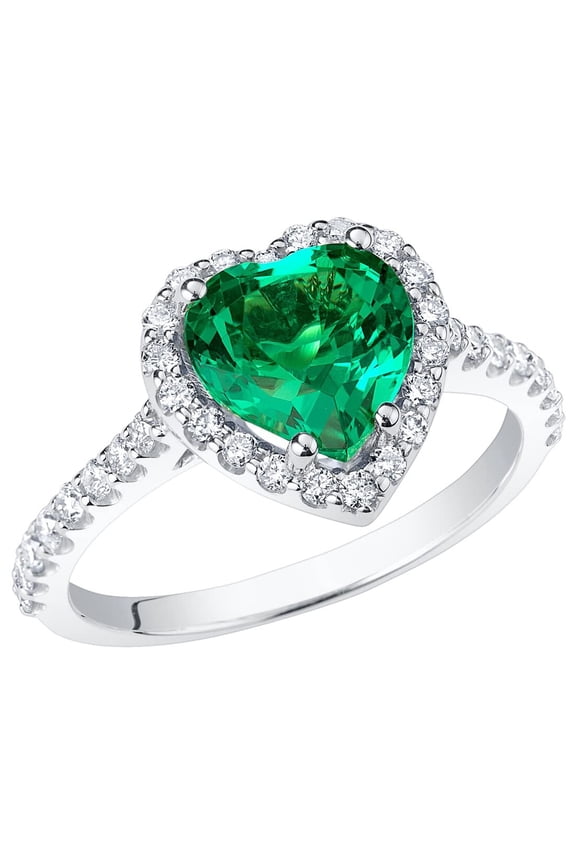 2.25 Carats Created Colombian Emerald with Lab Grown Diamonds Sweetheart Ring for Women 14K White Gold, Heart Shape, Size 4