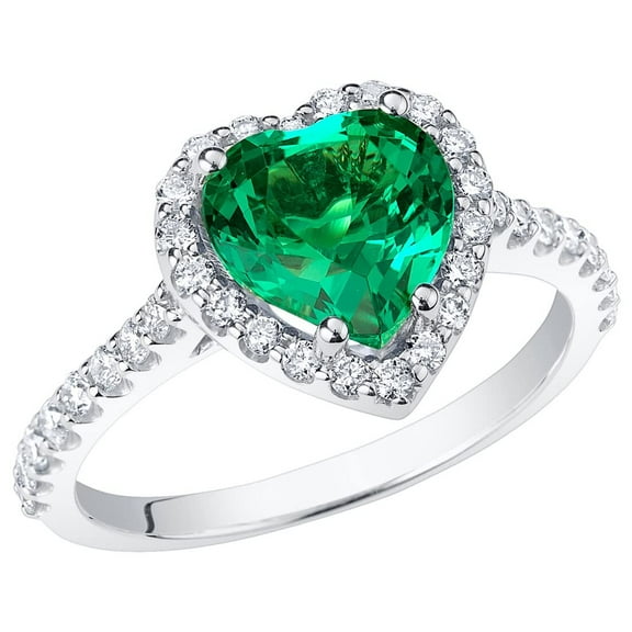 PEORA 2.25 Carats Created Colombian Emerald with Lab Grown Diamonds Sweetheart Ring for Women 14K White Gold, Heart Shape, Size 6.5