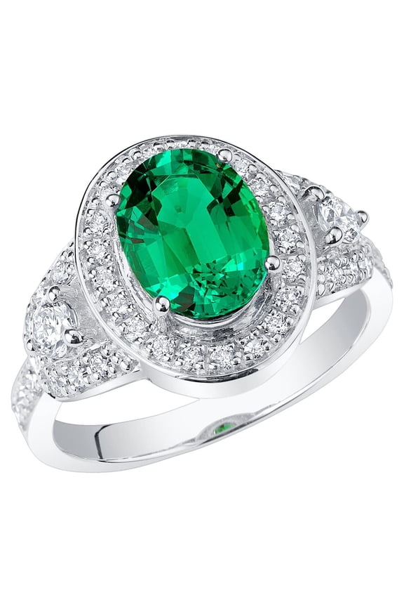 2.50 Carats Created Colombian Emerald Lab Grown Diamond Vintage Ring in 14K White Gold, Oval Shape, Size 9