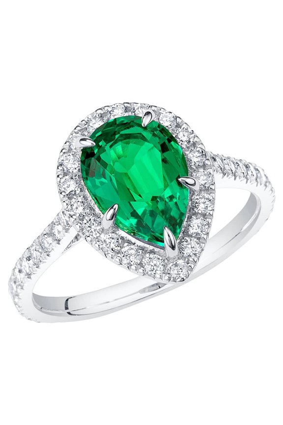 2.75 Carats Created Colombian Emerald Lab Grown Diamond Ring in 14K White Gold, Pear Shape, Size 10