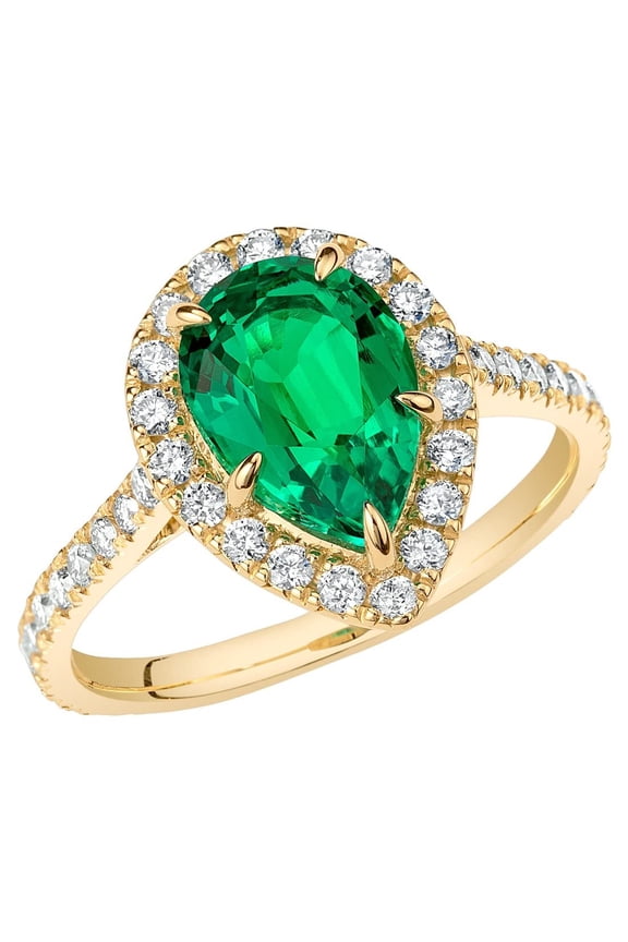2.75 Carats Created Colombian Emerald Lab Grown Diamond Ring in 14K Yellow Gold, Pear Shape, Size 6