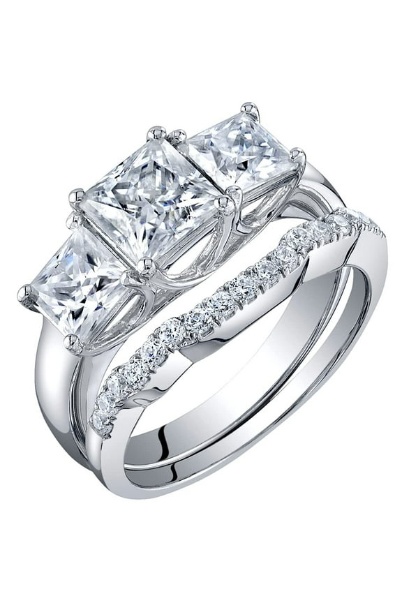 2.75 Carats Moissanite 3-Stone Princess Cut Engagement Ring and Wedding Band Bridal Set for Women 925 Sterling Silver, D-E Color, VVS Clarity, Size 5.5