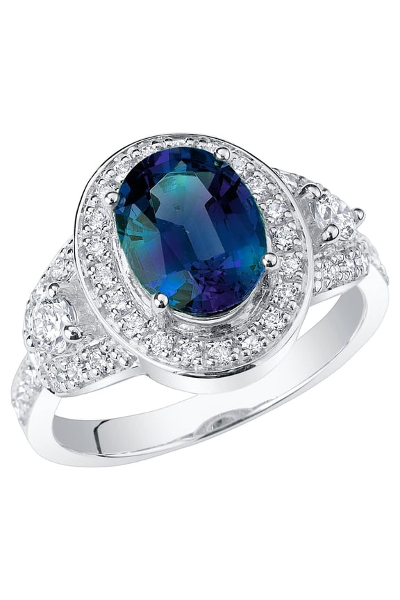3.25 Carats Created Alexandrite Lab Grown Diamonds Vintage Ring in 14K White Gold, Color-Changing Oval Shape, Size 8