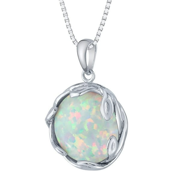 PEORA 3 Carats Created White Fire Opal Pendant Necklace for Women 925 Sterling Silver, 14mm Round Shape Olive Leaf Vine Solitaire, October Birthstone Jewelry, with 18 inch Chain