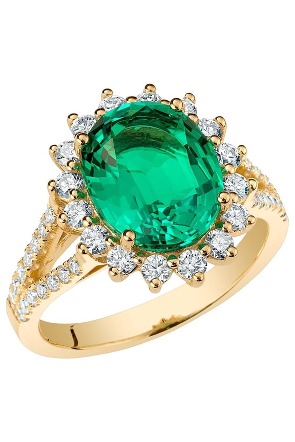 4.25 Carats Created Colombian Emerald Lab Grown Diamond Ring in 14K Yellow Gold, Oval Shape, Size 4