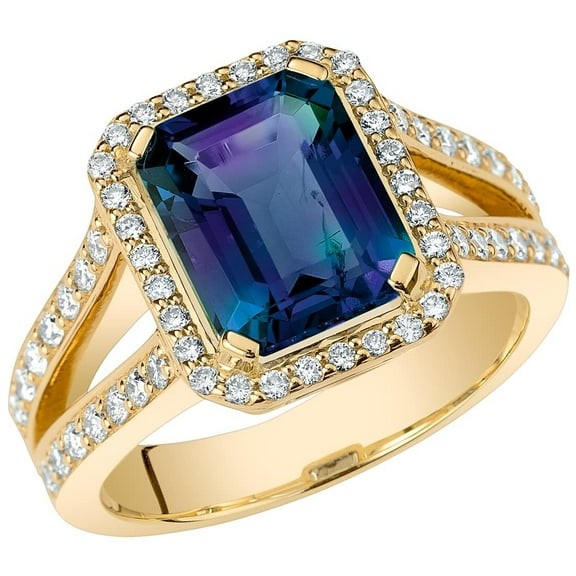 PEORA 4.50 Carats Created Alexandrite Lab Grown Diamond Ring in 14K Yellow Gold, Color-Changing Emerald Cut, Size 10