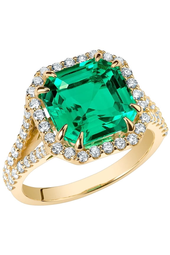 4.65 Carats Created Colombian Emerald Lab Grown Diamond Ring in 14K Yellow Gold, Asscher Cut, Size 4