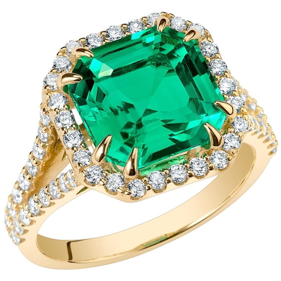 PEORA 4.65 Carats Created Colombian Emerald Lab Grown Diamond Ring in 14K Yellow Gold, Asscher Cut, Size 8