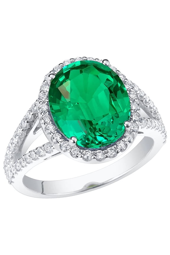 5.15 Carats Created Colombian Emerald Lab Grown Diamond Ring in 14K White Gold, Oval Shape, Size 5