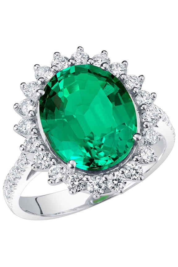 5.50 Carats Created Colombian Emerald Lab Grown Diamond Ring in 14K White Gold, Oval Shape, Size 10