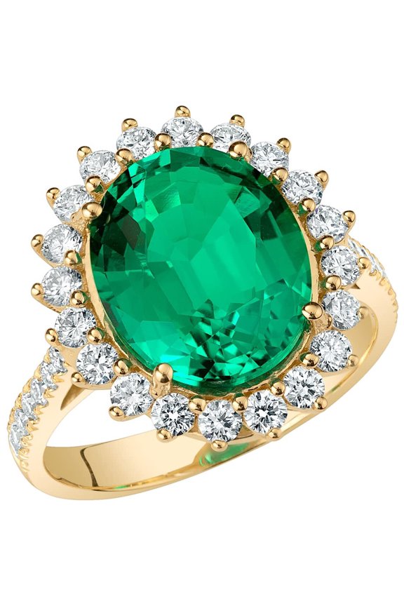 5.50 Carats Created Colombian Emerald Lab Grown Diamond Ring in 14K Yellow Gold, Oval Shape, Size 7.5