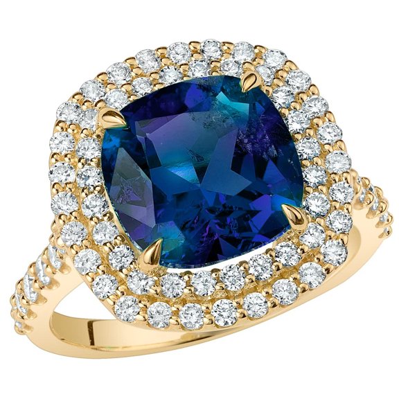 PEORA 5.75 Carats Created Alexandrite Lab Grown Diamond Ring in 14K Yellow Gold, Color-Changing Cushion Cut, Size 10