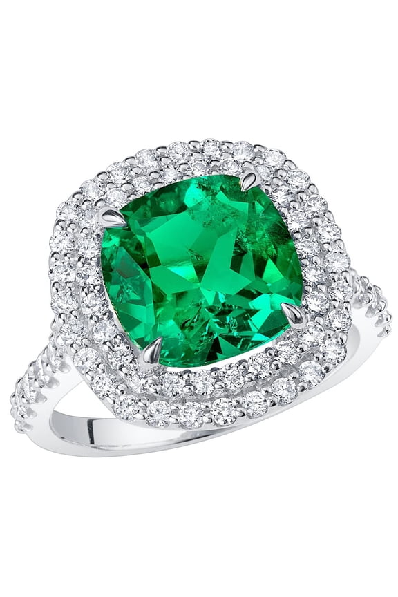 5 Carats Created Colombian Emerald Lab Grown Diamond Ring in 14K White Gold, Cushion Cut, Size 5