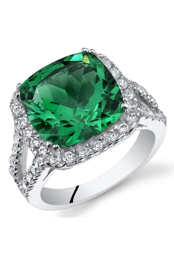 6.50 Carats Simulated Emerald Ring for Women 925 Sterling Silver, 11mm Cushion Cut, Size 9