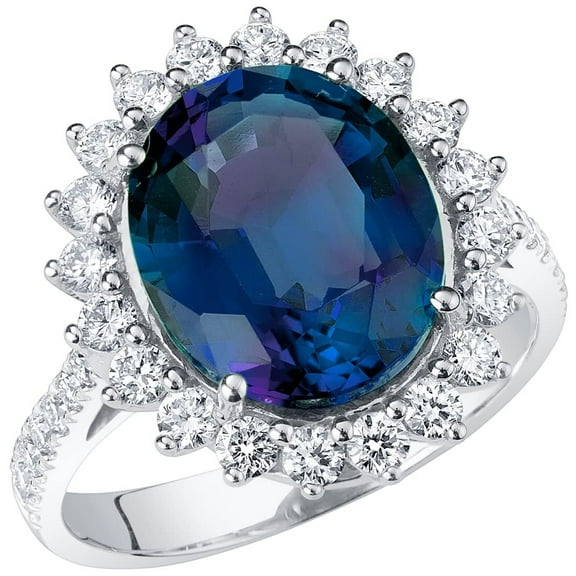 PEORA 6.75 Carats Created Alexandrite Lab Grown Diamond Ring in 14K White Gold, Color-Changing Oval Shape, Size 6