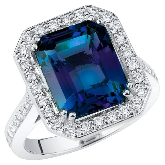 PEORA 7.75 Carats Created Alexandrite Lab Grown Diamond Ring in 14K White Gold, Color-Changing Emerald Cut, Size 4