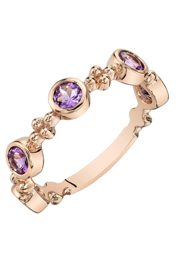 Amethyst 5-Stone Tiara Stackable Ring Band for Women 925 Rose Gold-tone Sterling Silver, Natural Gemstone, 0.75 Carat total Round Shape, Size 8
