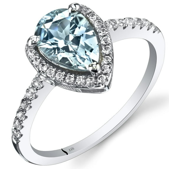 PEORA Aquamarine Teardrop Halo Ring for Women 14K White Gold with White Topaz, Natural Gemstone, 1 Carat Pear Shape 9x6mm, Size 8