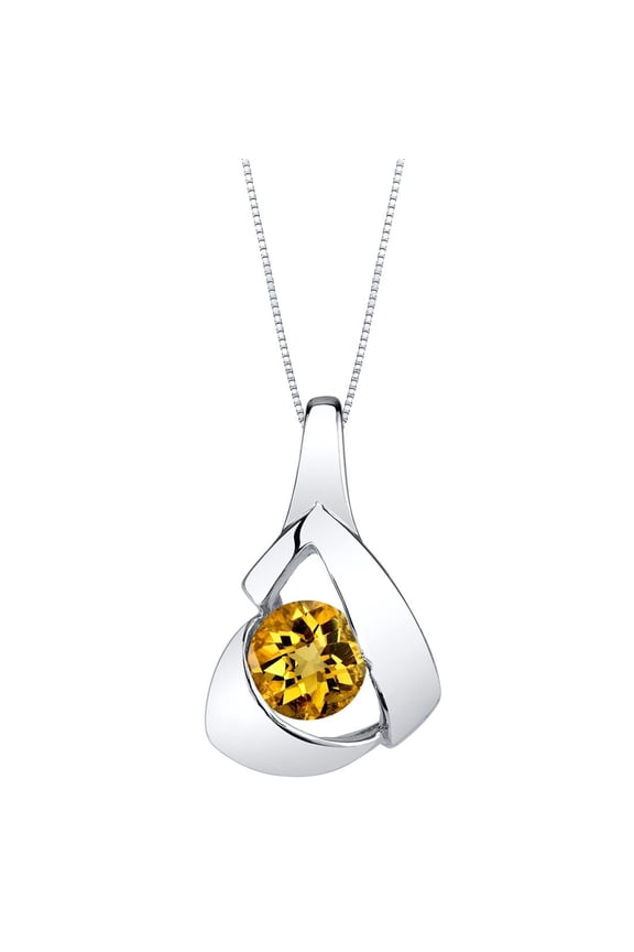 Citrine Pendant Necklace for Women Sterling Silver, Natural Gemstone Chiseled Solitaire, 0.75 Carat Round Shape 6mm, with 18 inch Italian Chain