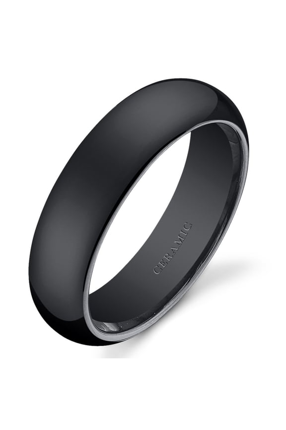 Classic Black Ceramic Wedding Ring Band for Men and Women, Designer Dome Style, 6mm Comfort Fit, Size 13