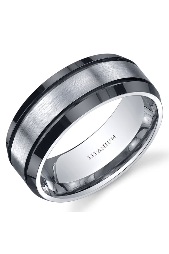 Classic Men's Genuine Titanium Wedding Band Ring, Black and Silver Tone, 8mm Beveled Edge Comfort Fit, Size 9