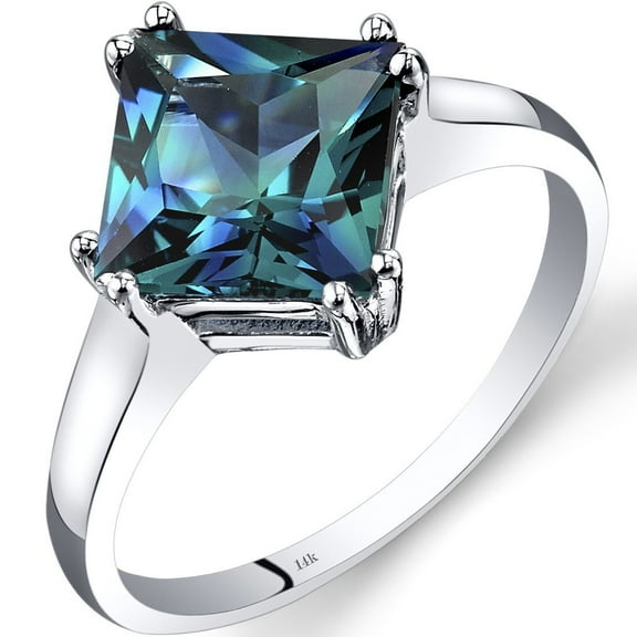 PEORA Created Alexandrite Classic Solitaire Ring for Women in 14K White Gold, Color Changing 2.75 Carats Princess Cut 8mm, Comfort Fit, Size 7