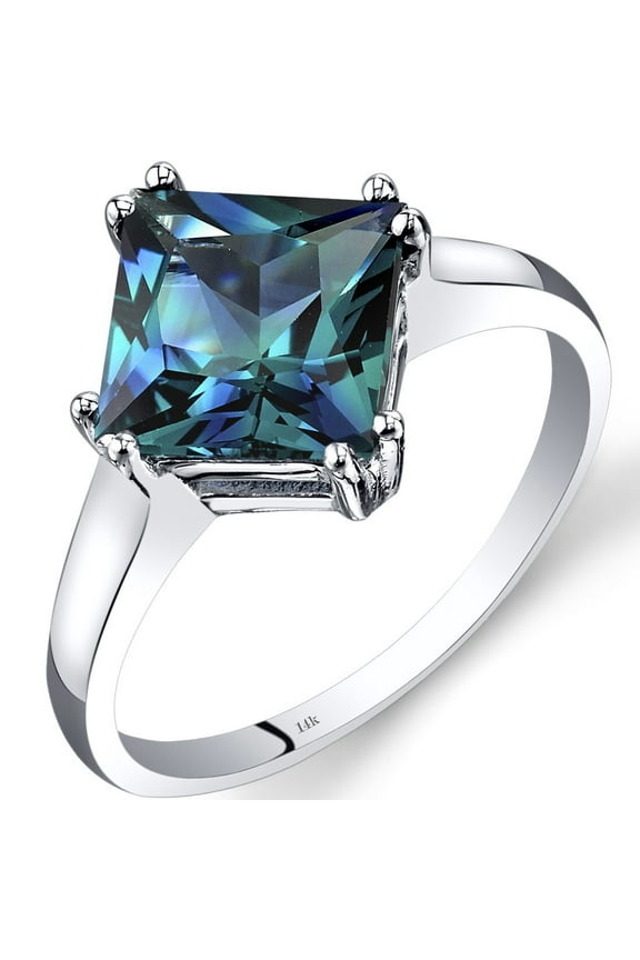 Created Alexandrite Classic Solitaire Ring for Women in 14K White Gold, Color Changing 2.75 Carats Princess Cut 8mm, Comfort Fit, Size 7