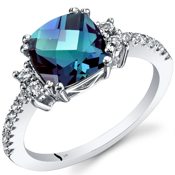 PEORA Created Alexandrite Ring for Women in 14K White Gold with Genuine White Topaz, Color Changing Cushion Cut, 2.78 Carats total, Comfort Fit, Size 6