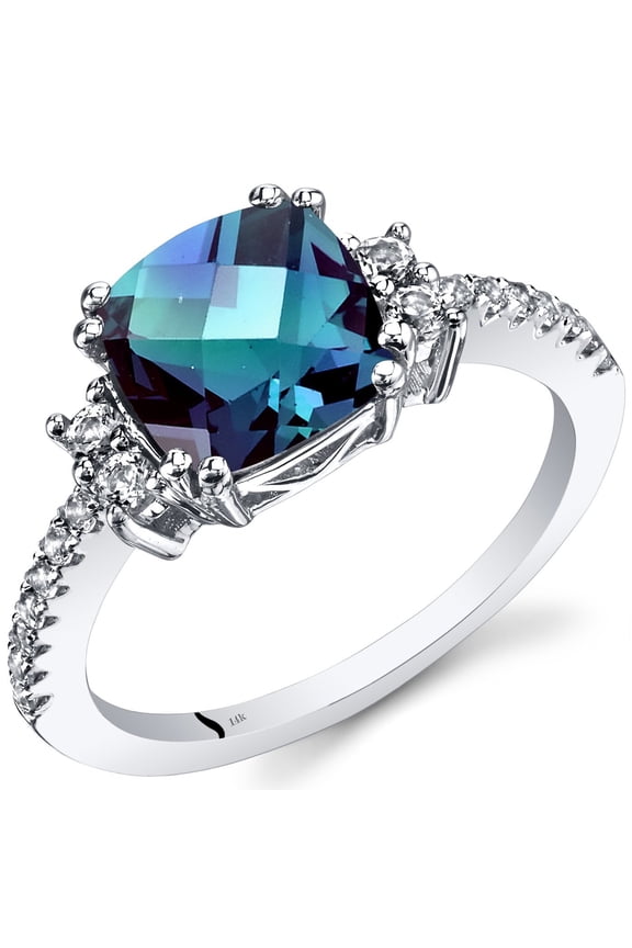 Created Alexandrite Ring for Women in 14K White Gold with Genuine White Topaz, Color Changing Cushion Cut, 2.78 Carats total, Comfort Fit, Size 6